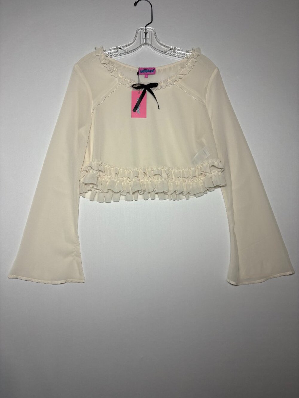 NWT Edikted Beige Chiffon Ruffle Crop Top Bell Sleeve Size M